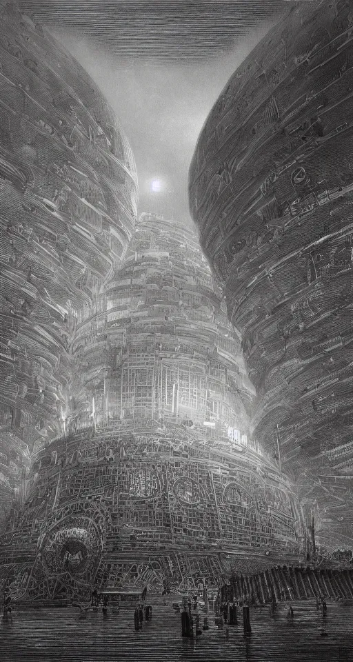 Image similar to huge futuristic building, illustration by gustave dore, detailed, sharp, masterpiece, 8 k