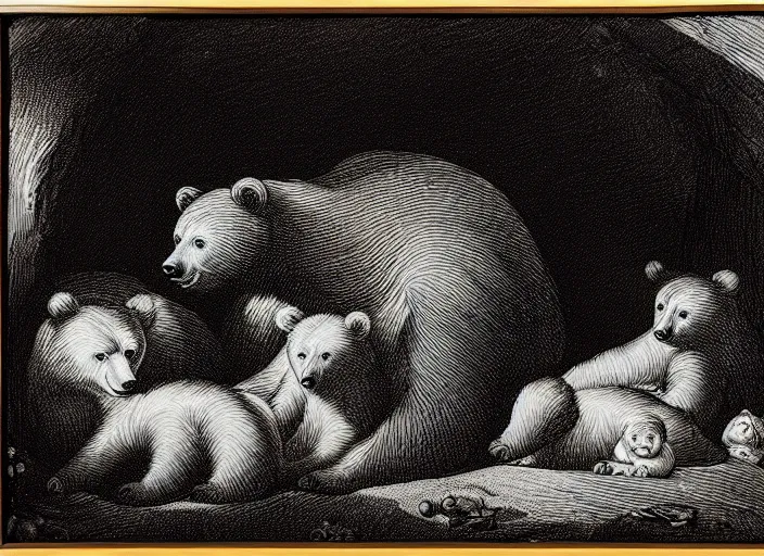 Image similar to Pieter Claesz's 'mother bear and her cubs sleeping in a dark cave', night time, cross hatching, framed