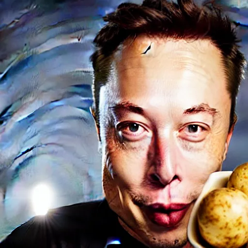 Prompt: elon musk surprised, mouth open wide, holding a potato, 4 k photography, highly detailed, portrait, cinematic lighting