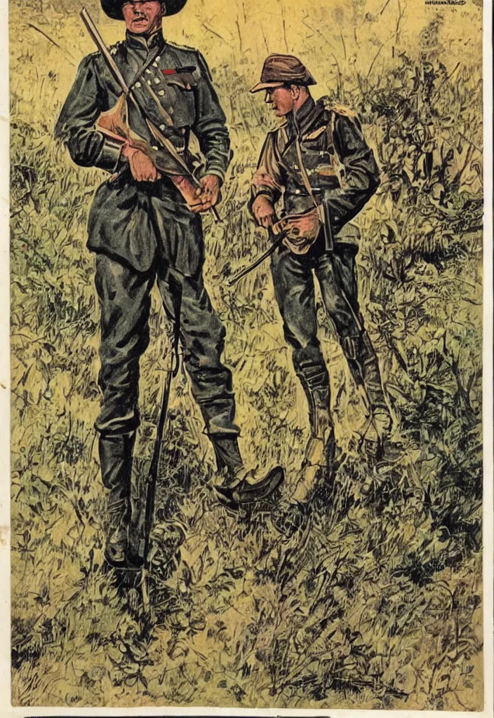 Prompt: a boer soldier in the vled holding a rifle during the anglo-boer war. 50s comic book illustration.