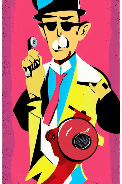 Prompt: inspector gadget, 7 6 retro futurist illustration art by butcher billy, sticker, colorful, illustration, highly detailed, simple, smooth and clean vector curves, no jagged lines, vector art, smooth andy warhol style