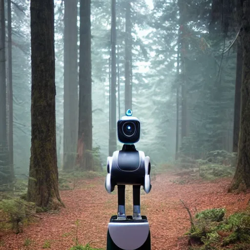 Prompt: Humanoid robot, sleek robot, advanced robot, walking through misty forest, Pacific Northwest, Polaroid