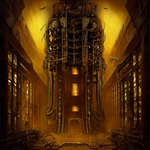 Image similar to outside a large orange biomechanical building, by h r giger, night, dimly lit, moody, creepy atmosphere, artstation