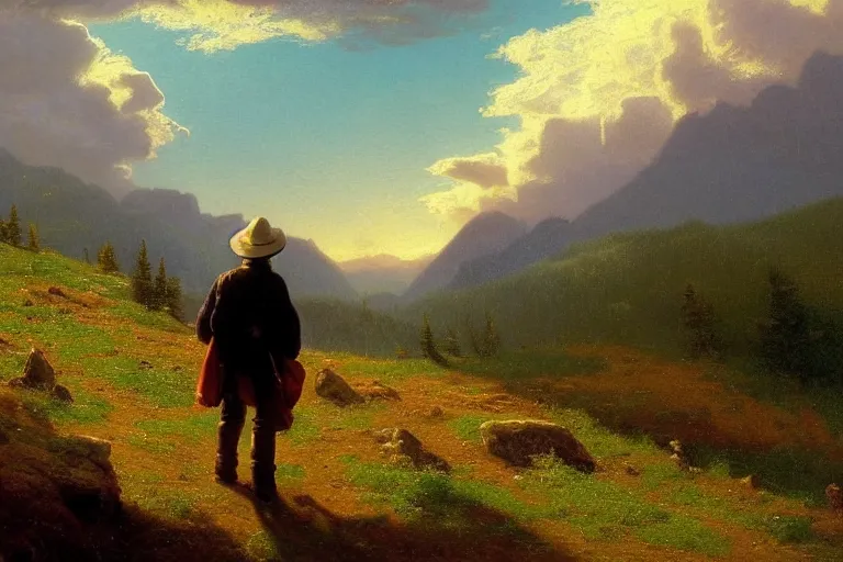 Image similar to a traveler wandering trough the mountains looking at the clouds, very detailed, focused, oil painting, cinematic lighting, albert bierstadt, trending on artstation, colorful, canvas, sunset, hans dahl, theodor kittelsen, hermann hendrich, national geographic, Konstantin Yakovlevich Kryzhitsky, beautiful nature, breathtaking, nordic