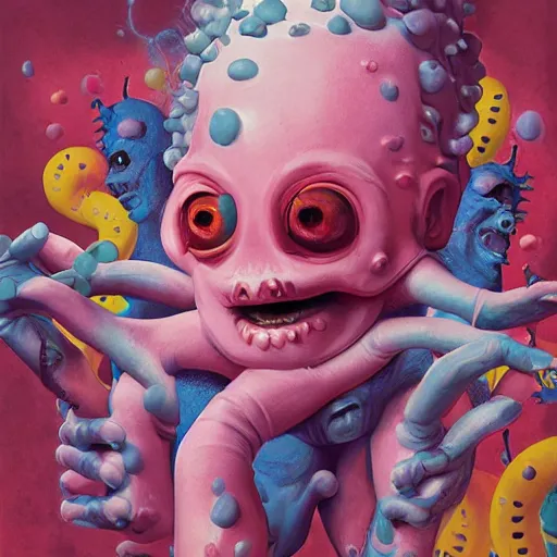 Prompt: Lofi horror, a baby monster with six arms, six arms, monster,chalk, Pixar style, Tristan Eaton, Stanley Artgerm, Tom Bagshaw, Basil Gogos