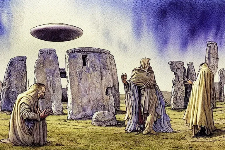 Image similar to a realistic and atmospheric watercolour fantasy concept art of a ufo landing in stonehenge. one dirty medieval monk in grey robes is pointing up at the ufo. muted colors. by rebecca guay, michael kaluta, charles vess and jean moebius giraud