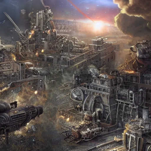 Image similar to steampunk city, war, space, future, ultra realistic