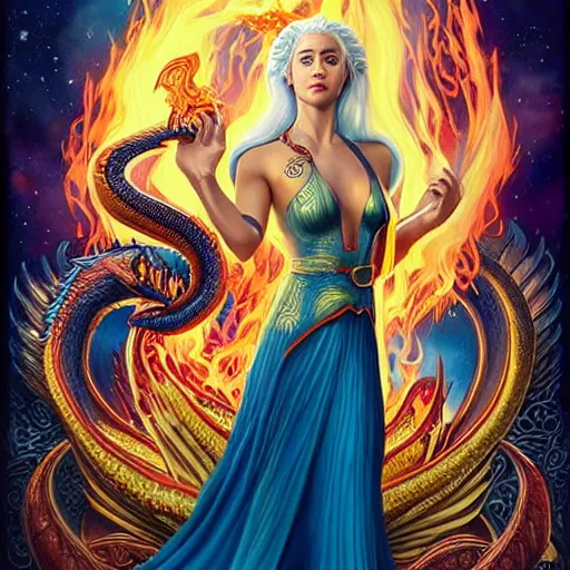 Image similar to cosmic stunning daenerys targaryen portrait with her serpent dragon of fire flame, queen of dragons, fire flaming dragon serpent, Pixar style, by Tristan Eaton Stanley Artgerm and Tom Bagshaw.