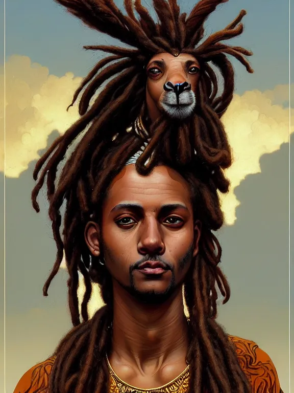 Image similar to a lama portrait, dreadlocks , elegant, highly detailed, digital painting, concept art, smooth, sharp focus, illustration, by Laurie Greasley,Lawrence Alma-Tadema,Dan Mumford,artstation,deviantart,Unreal Engine,face enhance,8K,golden ratio,cinematic lighting
