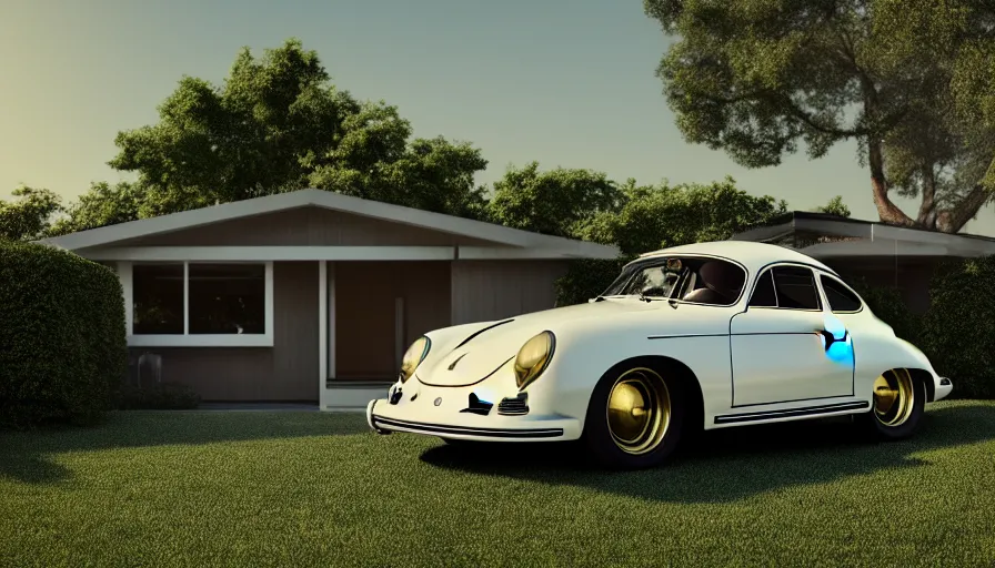 Prompt: EICHLER home, by Asher Durand, photorealistic, PORSCHE 356, intricate artwork, octane render, cinematic, hyper realism, golden hour, octane render, 8k, depth of field, bokeh. iridescent accents, vibrant.-H 704
