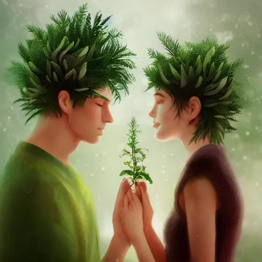 Image similar to a couple holding hands with plants growing out of their heads, growth of a couple, rainy day, atmospheric, bokeh matte masterpiece by artgerm by wlop by alphonse muhca