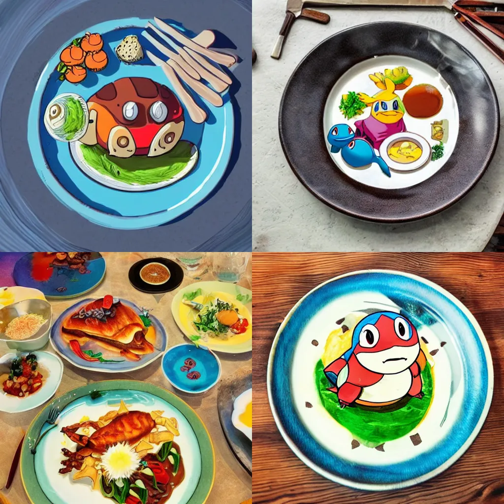 Prompt: a shot of a beautiful delicious plate of food, a hand crafted chef artisan meal made of squirtle, amazing food illustration, chef table, in style of studio ghibli, miyazaki, anime