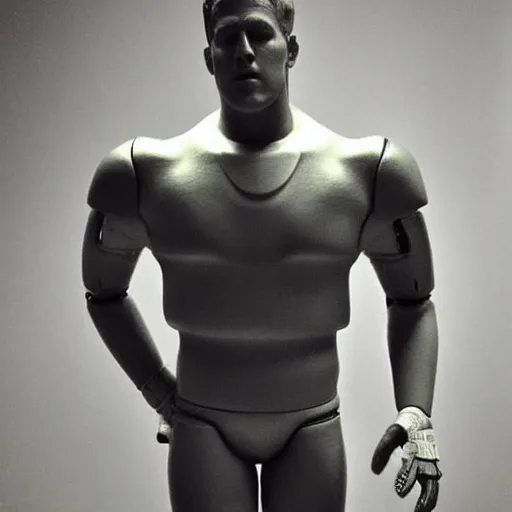 Image similar to “a realistic detailed photo of a guy who is an attractive humanoid who is half robot and half humanoid, who is a male android, football player JJ Watt, shiny skin, posing like a statue, blank stare”