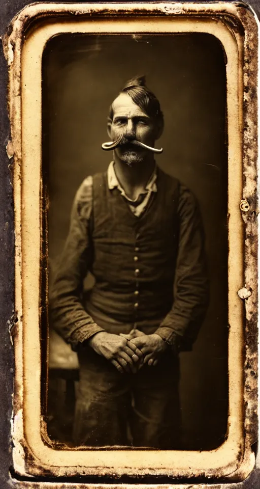 Prompt: a wet plate photograph, a portrait of a lone cobbler with a handlebar mustache