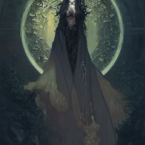 Image similar to photograpic portrait of a pretty dark sorceress, fantasy, ominous, intricate, elegant, highly detailed, digital painting, artstation, concept art, smooth, sharp focus, illustration, art by artgerm and greg rutkowski and alphonse mucha