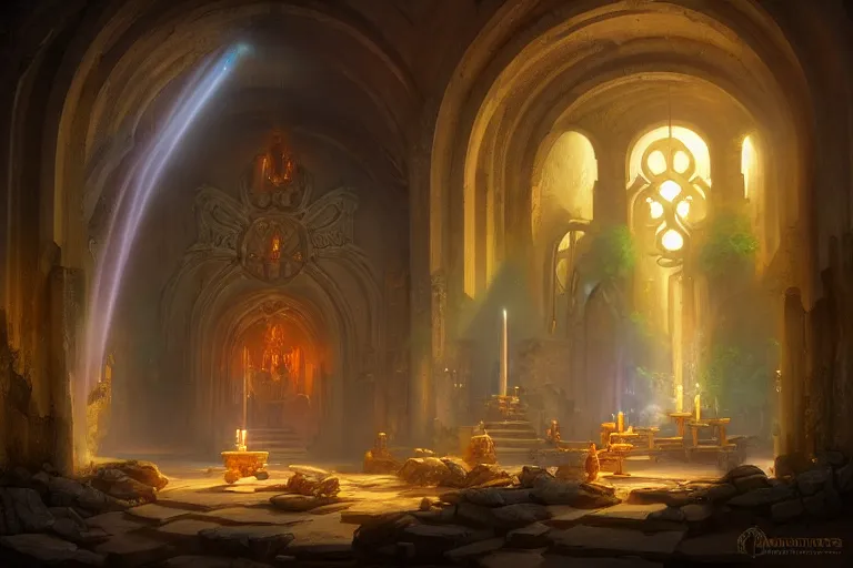 Image similar to Detailed Interior of Monastery Ruins, Waterfall walls, light of god, light shafts, candles, stunning atmosphere, in Style of Peter Mohrbacher, cinematic lighting, masterpiece