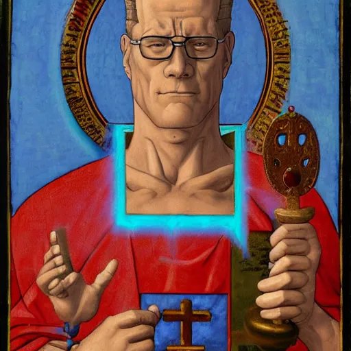 Image similar to hank hill as the god of propane, white tshirt, blue jeans, surrounded by blue fire and blue flames, renaissance religious painting, late gothic religious paintings, byzantine religious art, painting by duccio di buoninsegna and carlo crivelli, trending on artstation