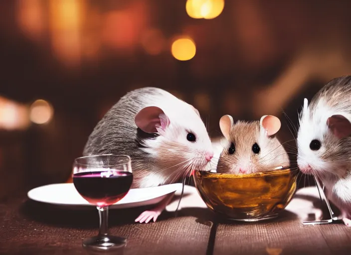 Image similar to photo of a hamsters on a date, drinking red wine, at night, faded colors, candlelit restaurant table, various poses, soft light, centered, sharp focus, 8 k