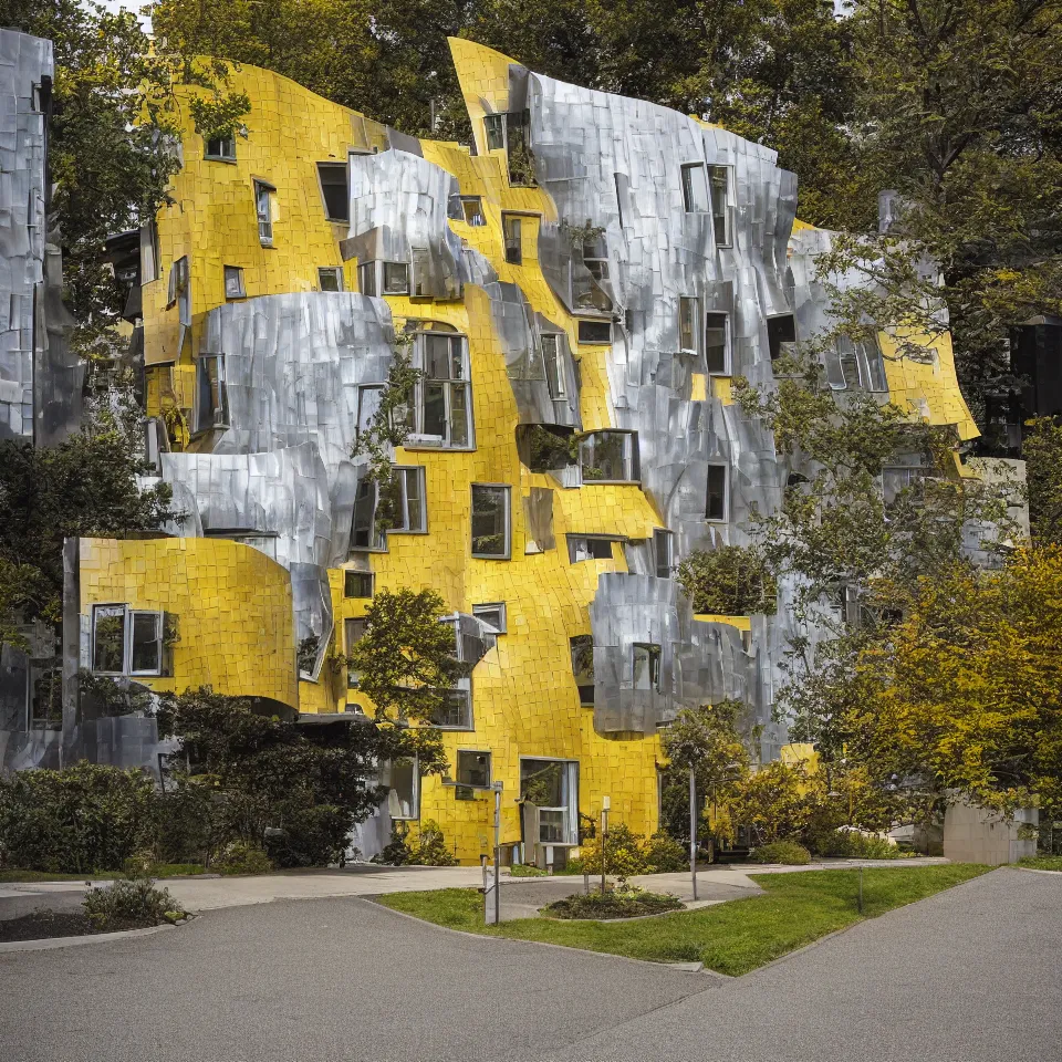 Image similar to a flat house, designed by Frank Gehry. Tiles. Gravel pathway with parking. Film grain, cinematic, yellow hue