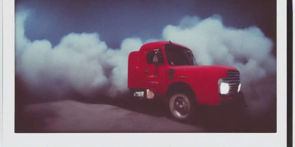 Prompt: polaroid photo of a red truck on fire, big smoke clouds, at night, stars visible in the sky, slight color bleed