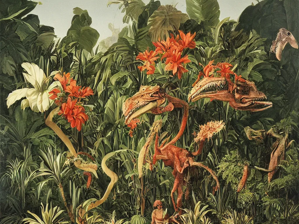 Prompt: tyrannosaurus rex, tropical plants in background, botanical, large exotic flowers, biology, painted by john audubon