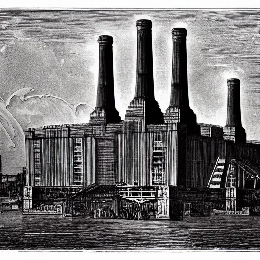 Image similar to A detailed engraving of a battersea power station in the style of gustave dore, escher and piranesi