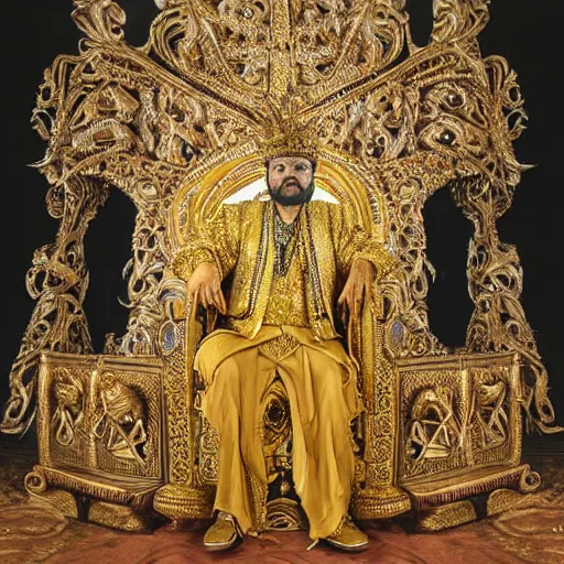 Image similar to Award Winning Highly Detailed Portrait Photo of Mythological King Royally decorated sitting in a shining Filigree throne designed by Gaudi, Silks, Furs, wide-angle long shot