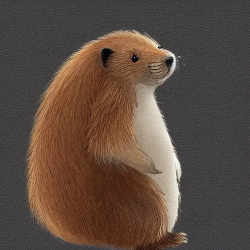 Image similar to a beaver in profile with a big tail and big front teeth, fluffy fur drawn concept art