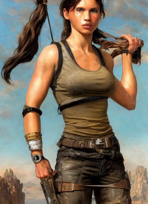 Image similar to Lara Croft posing in a crop top, golden hour, Lilia Alvarado, Sophie Anderson, Mark Arian, Bob Byerley, Charlie Bowater, Mark Brooks, Steve Henderson, Justin Gerard, Arthur Hughes, Edward Robert Hughes, Mark Keathley, Victor Nizovtsev, Carlos Shwabe, Ross Tran, WLOP