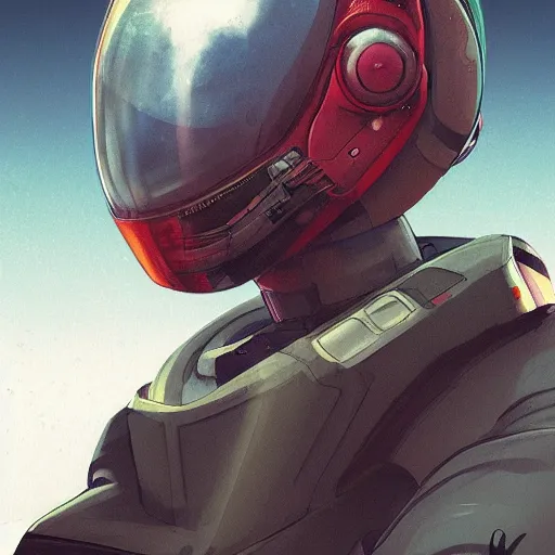 Prompt: a beautiful portrait of a space bounty hunter by Satoshi Kon trending on Artstation