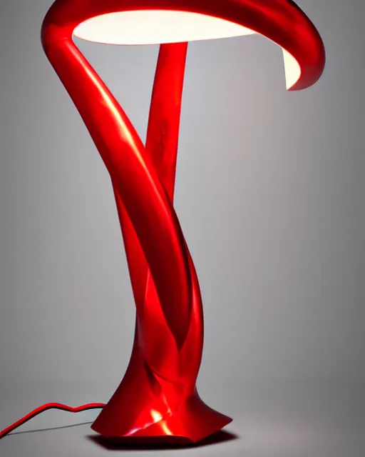 Image similar to sculptural table lamp designed by iris van herpen, red metal, advertising photography