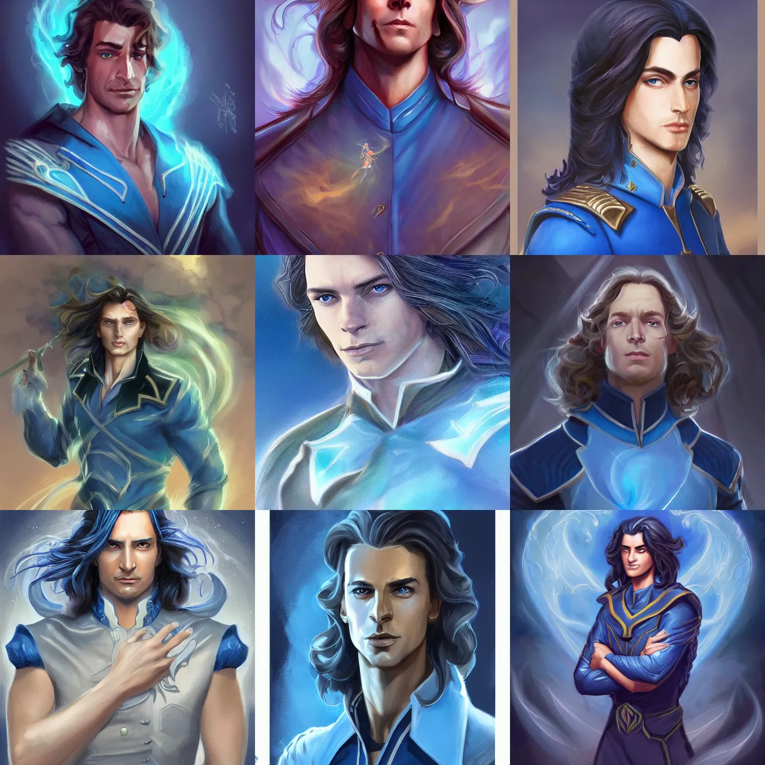Prompt: kaladin stormblessed. young men with shoulder length hair. blue uniform. portrait. ghostly fairy on his shoulder. highly detailed, sharp focus, illustration, concept art, artgerm style, character design