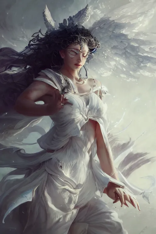 Prompt: beautiful girl warrior in white dress, casting magic spell, angel, magic storm and thunder clouds, fantasy, magic the gathering, hyper detailed, 3 d render, hyper realistic detailed portrait, peter mohrbacher, wlop, ruan jia, luis royo