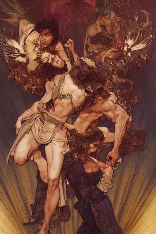 Image similar to the dayman fighting the nightman. art by artgerm and greg rutkowski and alphonse mucha and tomacz alen kopera and gaston bussiere.