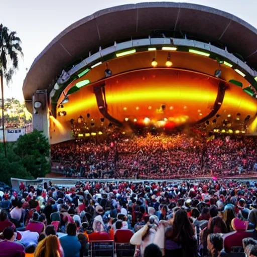 Prompt: The Rockafire Explosion play the Hollywood Bowl to a sold-out crowd at Sunset