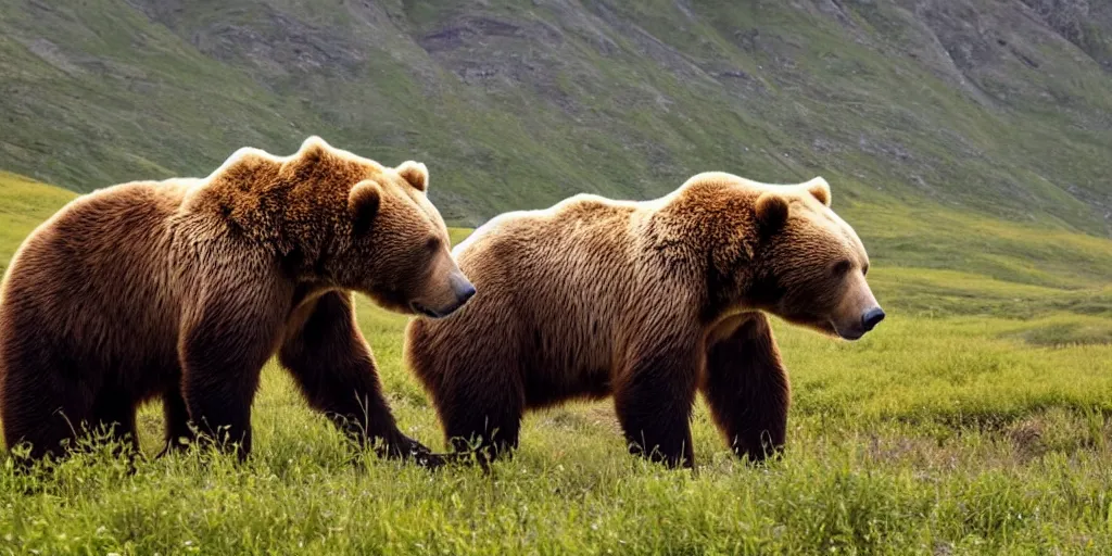 Prompt: bob ross riding on the back of a brown bear in alaska, outdoor, hyperrealistic, shutterstock contest winner, national geographic photo, stockphoto, majestic