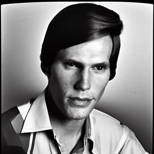 Image similar to A photograph portrait of Jerma985 with short-medium length hair a combover wearing early 1970s menswear in the early 1970s, taken in the early 1970s, grainy, taken on a 1970s Polaroid Camera, realistic, hyperrealistic, very realistic, highly detailed, very detailed, extremely detailed, detailed, digital art, trending on artstation, colorized photo