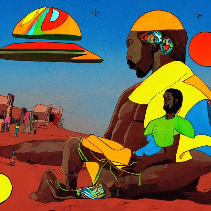Prompt: UFO hovering over an African Jesus , colourful, in the style of Nigerian truck art,