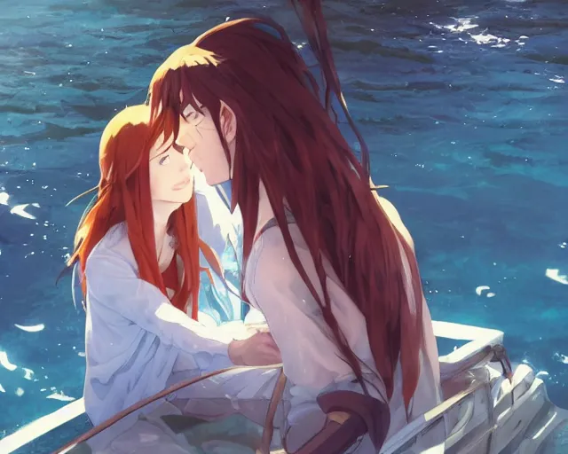 Image similar to one boy and one girl with long flowing auburn hair sitting together in a one single boat. Atmospheric lighting, long shot, romantic, boy and girl are the focus, trees, blue water. Anime. By Makoto Shinkai, Stanley Artgerm Lau, WLOP, Rossdraws, James Jean, Andrei Riabovitchev, Marc Simonetti, krenz cushart, Sakimichan, D&D trending on ArtStation, digital art.