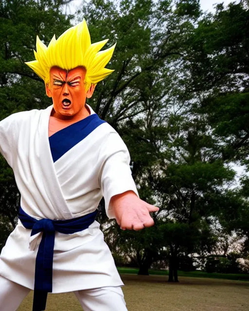 Prompt: award winning 5 5 mm portrait photo of trump as songoku, in a park. rule of thirds.