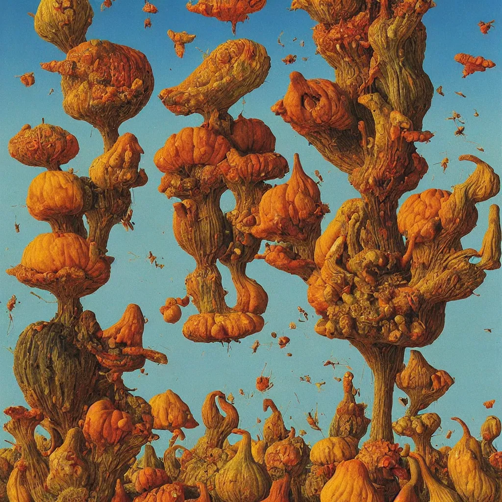 Image similar to a single! colorful! ( beksinski ) gourd fungus bird tower clear empty sky, a high contrast!! ultradetailed photorealistic painting by jan van eyck, audubon, rene magritte, agnes pelton, max ernst, walton ford, andreas achenbach, ernst haeckel, hard lighting, masterpiece