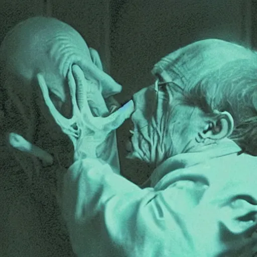 Image similar to a hyper detailed filmic closeup 30mm color film photograph of a bundle of dangerous gorey shape shifting alien tendrils strangling and smothering a male 70-year-old doctor wearing a blue lab coat under dreary fluorescent lights in the style of a horror film still