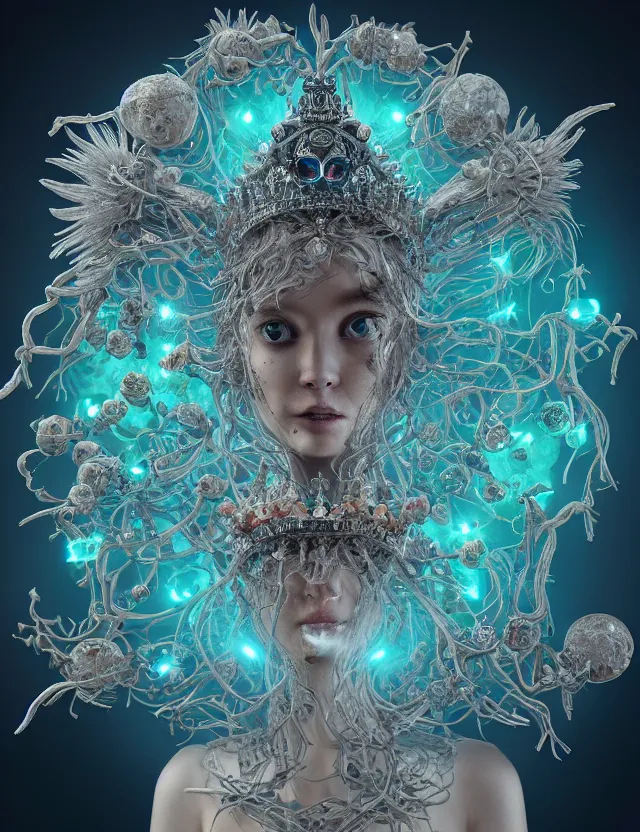 Prompt: symmetrical, centered, goddess close-up portrait wigh crown made of skulls. betta fish, phoenix, bioluminiscent creature, super intricate ornaments artwork by Tooth Wu and wlop and beeple. octane render, trending on artstation, greg rutkowski very coherent symmetrical artwork. cinematic counter light, high detail, octane render, 4k, vibrant