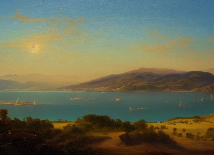 Prompt: san francisco bay in the style of hudson river school of art, oil on canvas