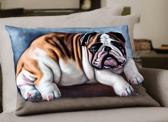 Prompt: a closup, 4 5 mm, portrait of a sleeping english bulldog on a pillow in a bed, candle light, 4 5 mm, by franz lanting