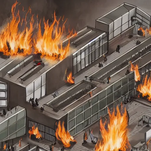 Prompt: a nightmarish office call centre with all the workers on fire. highly detailed. intricate ink and matte painting