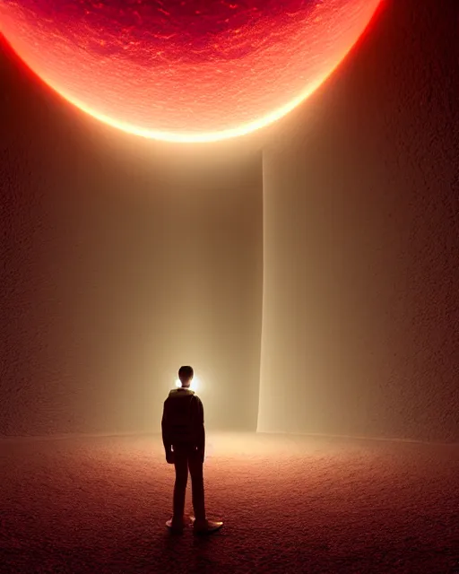 Image similar to a person standing in front of a glowy open door that's on a barren moon, poster art by mike winkelmann, trending on cg society, space art, sci - fi, ue 5, futuristic, volumetric lighting, light casting onto the ground, neat composition and camera angle