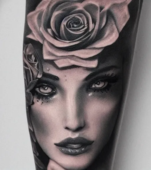 Image similar to tattoo design on white background of a beautiful girl warrior, roses, hyper realistic, realism tattoo, by eliot kohek, beautiful eyes, realistic face, black and white