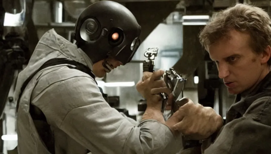 Prompt: Movie about an android in a weapons lab strangling the scientist who created him. In the style of James Cameron