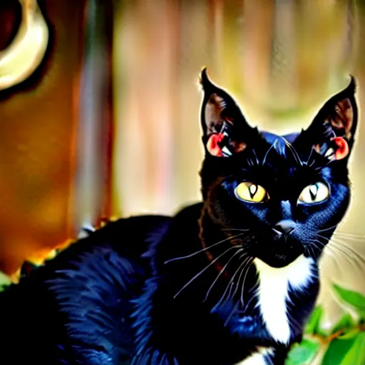 Image similar to a female black cat with red eyes and a gold crescent moon in her forehead